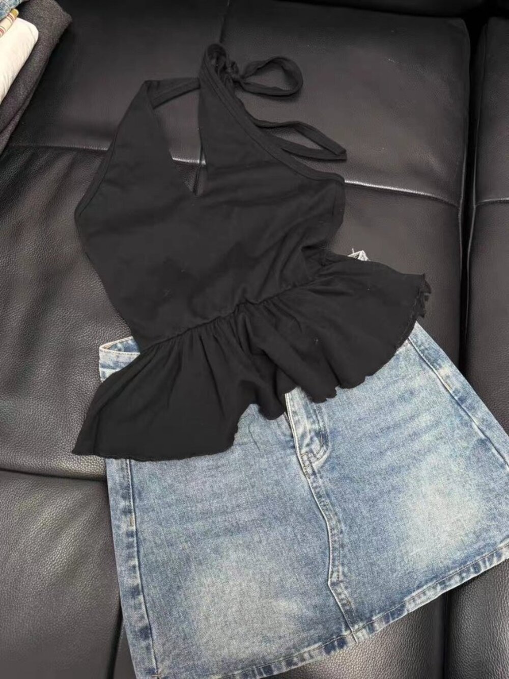 Trendy Halter Peplum Tank + Light Blue Denim Skirt Co‑Ord Set Casual Streetwear